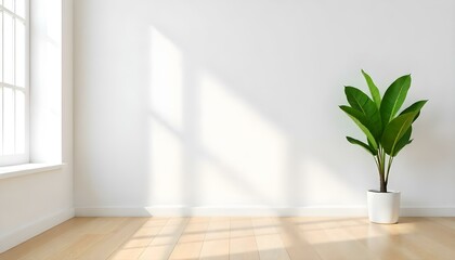 Empty room with a wooden floor, white walls, and a potted plant