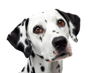 Dalmatian dog portrait looking at camera isolated on white background. Dalmatian dog headshot on white background