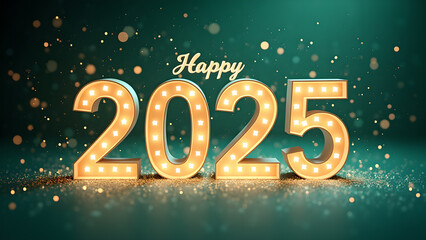 Happy New Year 2025 with glowing lights. Festive celebration concept.