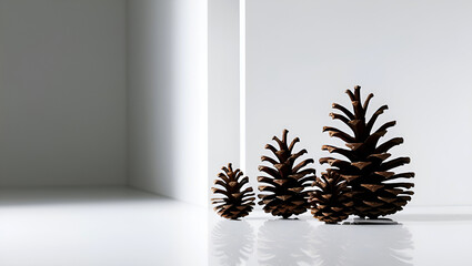 several, cones, clean, white, background, creates, contrast, will, accent, attention, texture, shape, brown, close-up, nature, plant, tree, pine, cone, decoration, xmas, christmas, object, design, hol
