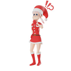 Girls Santa Claus Character Design. A female Santa Claus master walks with her left hand on her chin and her right hand on her hip, a thoughtful expression. 3D Cartoon Art