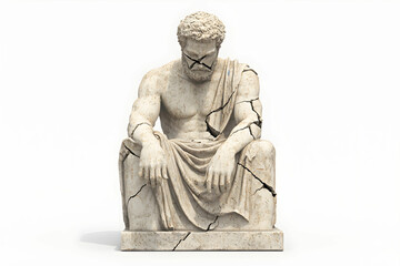 Fototapeta premium Ancient Marble Statue of a Depressed Male Figure with Visible Cracks and Wear, Evoking Themes of Time, History, and Artistic Mastery in Sculpture