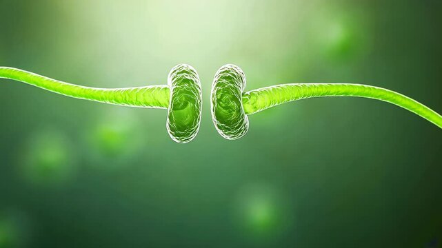 A microscopic view of green cellular structures connected by thin filaments
