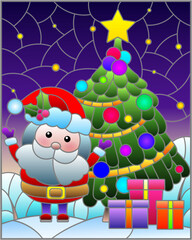 A stained glass illustration with Santa, a Christmas tree on a starry sky background