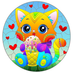 A stained glass illustration with a cute cat with ice cream on a background of sky and meadow