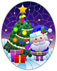 A stained glass illustration with Santa, a Christmas tree on a starry sky background