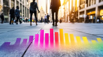 Urban cityscape with dynamic colorful graph overlay showcasing energy and movement in a bustling metropolitan area during sunset hours