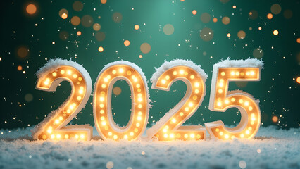 2025 New Year's Eve celebration with snow and lights. Concept of winter holidays, celebration, and new beginnings.