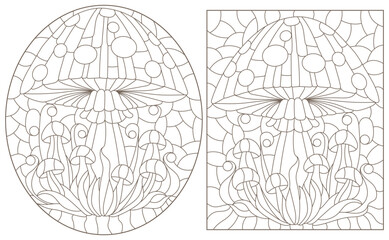 Obraz premium A set of contour illustrations in the style of stained glass with mushrooms , dark contours isolated on a white background