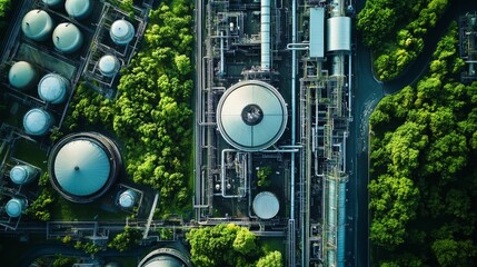 green industry ecofriendly factory with Aerial View of Industrial Area Large Cylindrical Structures, Grid