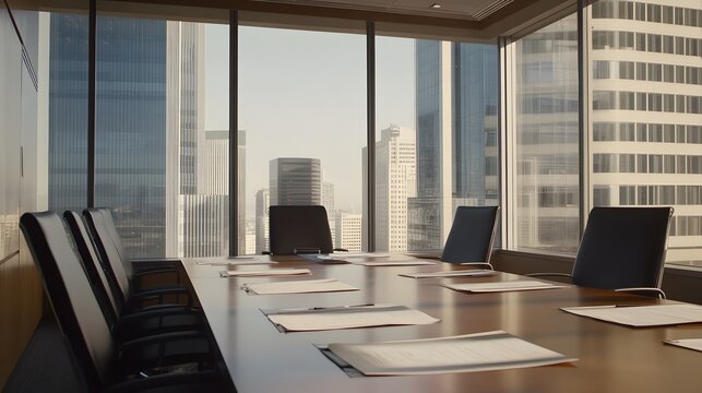 Empty meeting room with scattered budget papers and vacant chairs, symbolizing the aftermath of intense decision-making and strategic planning sessions.