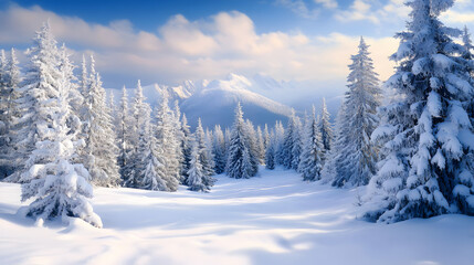 Obraz premium pine trees covered by snow, forest with snow view