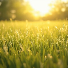 Fototapeta premium Softly focused sunlit grassland with a blurred bokeh and warm sunlight filtering through the blades, natural grass background, , sunlight