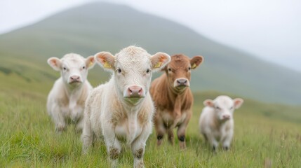 Fototapeta premium Idyllic Pasture Young Cows Grazing Rural Farm Scene Agricultural Livestock