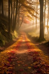Fototapeta premium An enchanting forest pathway covered in autumn leaves, with golden sunlight streaming through the trees.