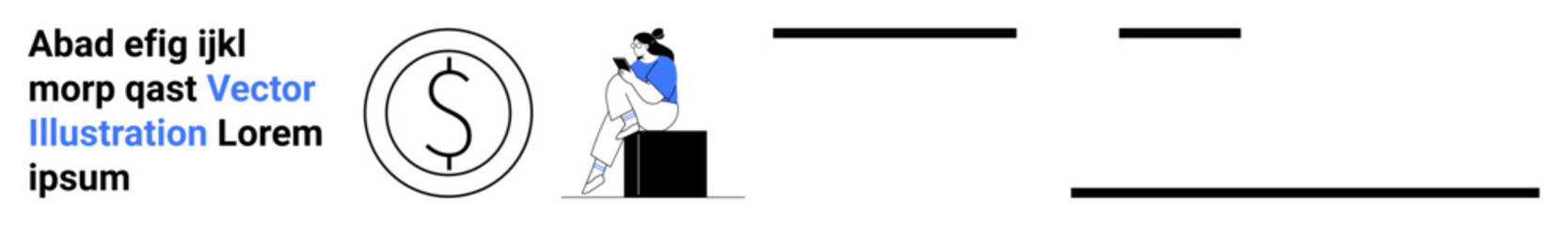 Man leaning on stack of books next to dollar coin symbol. Placeholder text lines visible. Ideal for finance, education, economy, investment, savings, literacy content layout. Landing page