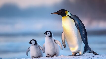 Fototapeta premium Emperor Penguin Family in Antarctica Wildlife Nature Birds Winter Snow Ice Ocean C