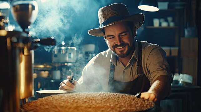 Smiling coffee roasters oversee the roasting level of fresh coffee.