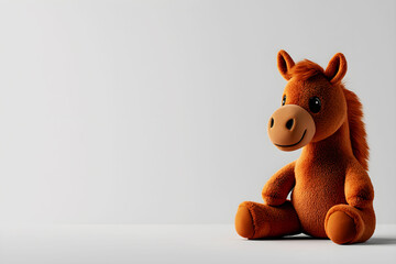 Adorable plush horse toy sitting on a smooth surface, showcasing its charming features and inviting expression against a minimalist backdrop, perfect for children's decor and playful photography.
