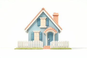 Charming and Colorful Small House with Blue Walls, Orange Roof, and White Fence, Set Against a Clean Background for Home and Real Estate Themes