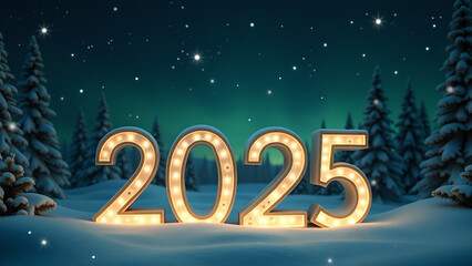 2025 New Year in snowy winter forest. Concept of celebration, holiday, and future.