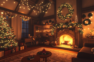 Obraz premium A cozy Christmas living room with a decorated tree, twinkling lights, and a glowing fireplace, creating a warm holiday atmosphere