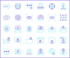 Set of Cyber Attack Icons line style.Contains such Icons as cyber security, bug, protection, virus, hacking, bug, antivirus, cyber lock, network, spam, spy And Other Elements.