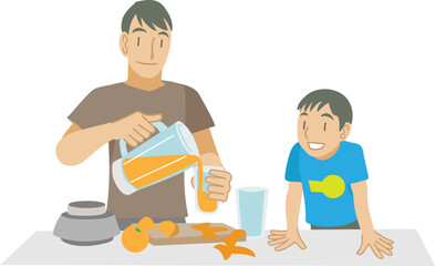 果物からジュースを作る父親と子供