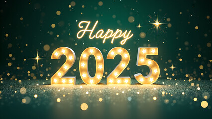 Happy New Year 2025 with golden lights. Festive celebration concept.