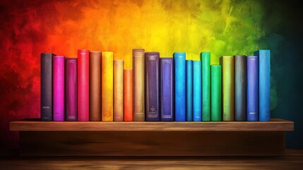 Obraz premium A colorful arrangement of books on a wooden shelf against a vibrant, gradient background.
