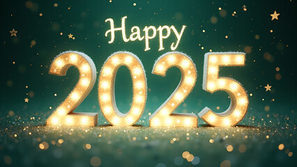 Happy New Year 2025 with illuminated numbers. Concept of celebration, holiday, and new beginnings.