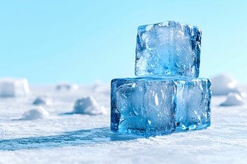 Obraz premium Fresh and Clear Ice Cubes Piled on a Frosty Surface with a Soft Blue Background Highlighting the Sparkling Transparency of Frozen Water in a Cool Atmosphere