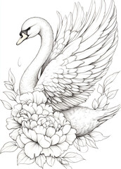 Obraz premium line drawing of an elegant swan with outstretched wings, resting on top of blooming flowers