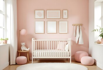 A modern, minimalist nursery interior with pastel-colored walls, a wooden side table, and a gallery wall of framed artwork in neutral tones.