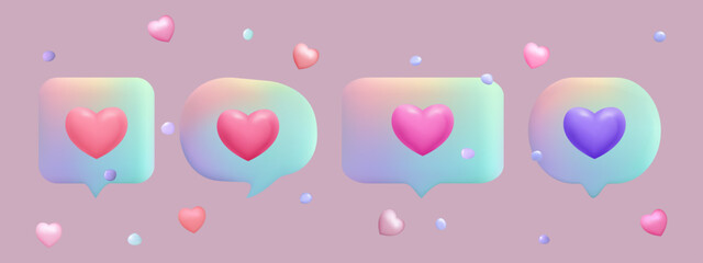 Speech bubbles with heart. 
Romantic form for communication, conversation and text. Cloud, notification form. Dialogue, word, discussion icon. Frame for speech and thoughts. Chat dialog. Vector.