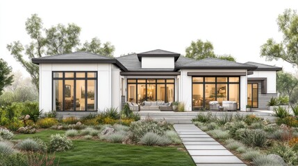 Modern home exterior with large windows and landscaped garden.