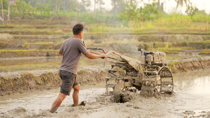 Indonesian rice farmer plowing muddy paddy field in southeast asia, manual labor in agriculture,...
