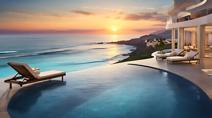 An upscale hotel advertisement showing a glowing infinity pool at sunset, luxurious lounge chairs, and a stunning ocean view, exuding relaxation and elegance.


