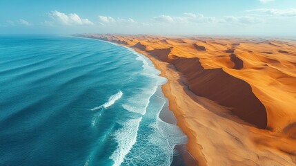 A stunning view of sand dunes meeting the ocean, showcasing nature's contrasting landscapes.