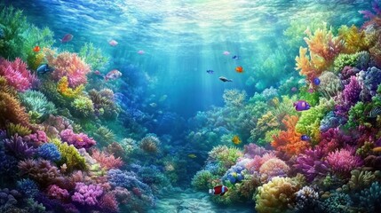 Vibrant underwater scene with colorful coral reefs and diverse fish swimming.
