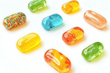 Colorful gelatin capsules in various shapes and sizes with shiny surfaces, perfect for health, wellness, and food industry imagery, showcasing vibrant hues and textures.