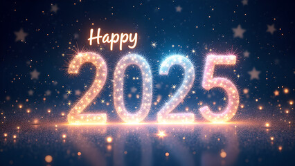 Happy New Year 2025 Glowing Numbers. Concept of celebration, holiday, and future.