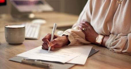 Hands, night and business with woman, writing and reading contract for company policy. Legal...