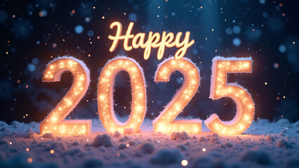 Happy New Year 2025 with snow and lights. Festive winter holiday concept.