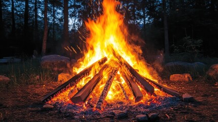 A vibrant campfire burns brightly amidst a forest setting at dusk.