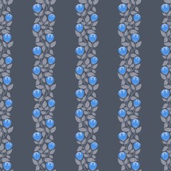 Seamless minimalistic floral pattern with blue flowers and grey leaves on the dark grey background. Perfect for textile, fabric, backdrop, wall hanging, wrapping, design paper, home decoration