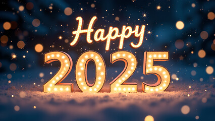 Happy New Year 2025 with glowing lights. Concept of celebration, holiday, and winter.