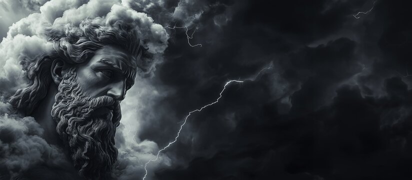 Banner with free space for text, greek god Zeus with dark clouds around