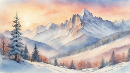 A painting of a mountain range with a sun in the sky. The mountains are covered in snow and the sun is setting. The mood of the painting is peaceful and serene