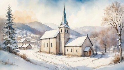 Snow-covered church with a tall steeple surrounded by a peaceful, white winter landscape, evoking a sense of calmness and serenity